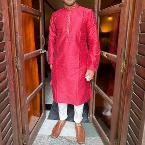 Strawberry Pink Soft Raw Silk Men Kurta Pajama with self design material w/ zari
